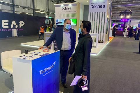 Marwan Ajam Oghli (on the left), Business Development Manager at the Tachyum booth at LEAP 2022 conference in Riyadh, Saudi Arabia